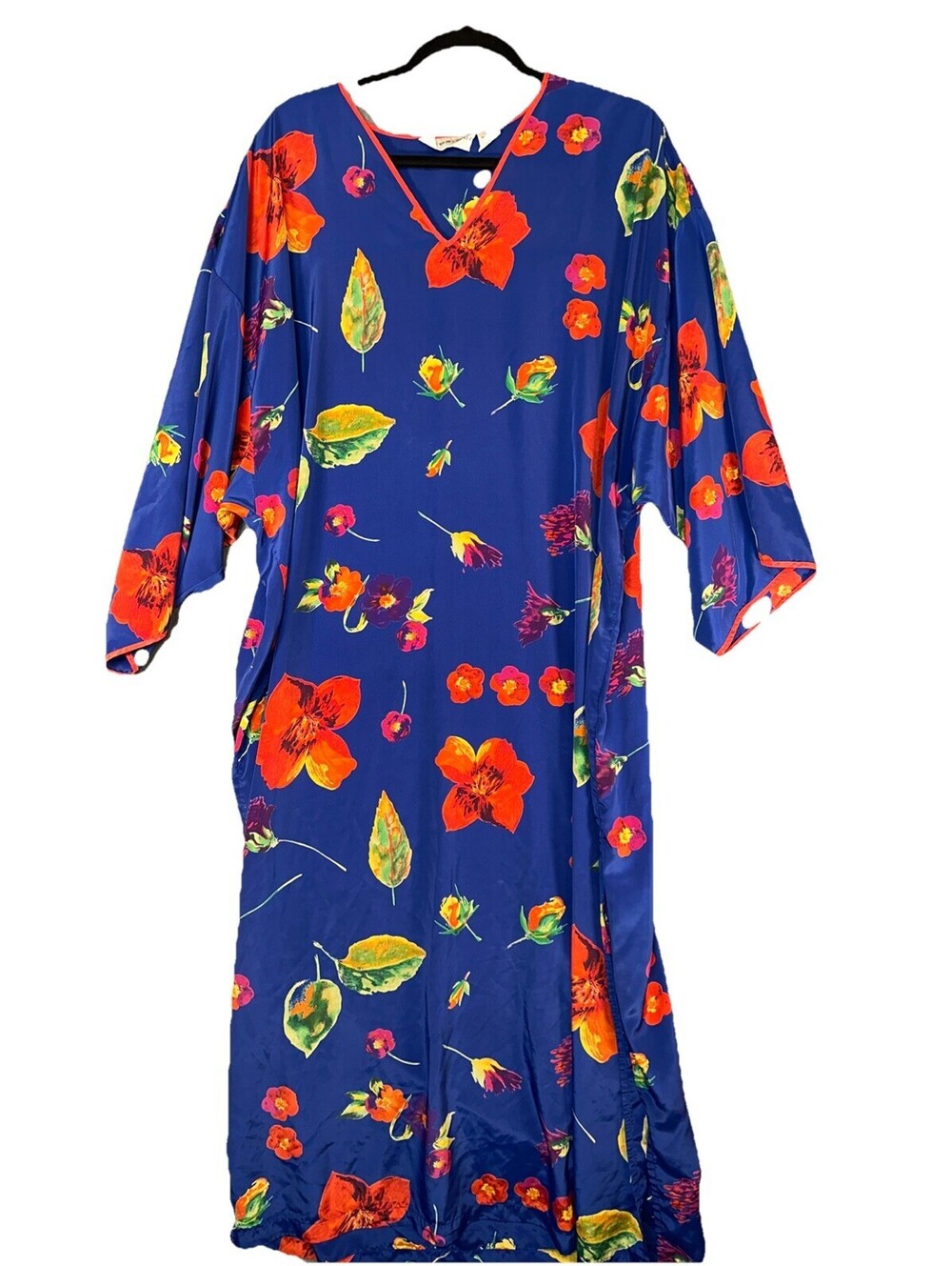 READ Vtg Natorious Blue Red Floral PJs Nightgown Caftan Kaftan Dress M/L Gown